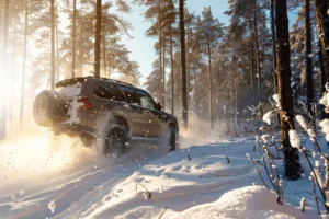 photorealistic view off road car with nature terrain weather conditions scaled