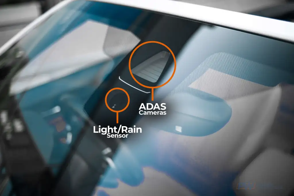 Windshield-mounted ADAS camera and light/rain sensor behind the windshield for advanced driver assistance and automatic wiper operation