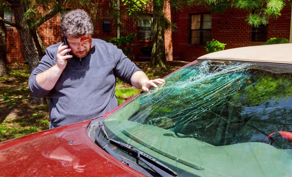 Driver examining a heavily cracked windshield and contacting a professional auto glass company for fast windshield replacement and safe vehicle restoration.