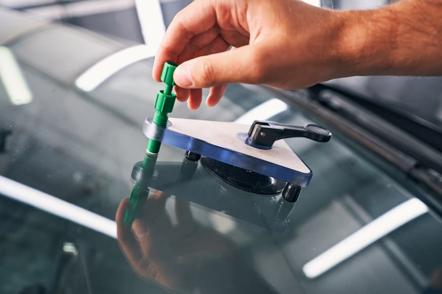 Auto glass technician performing professional windshield chip repair using a resin injection tool to prevent crack spreading and extend windshield life