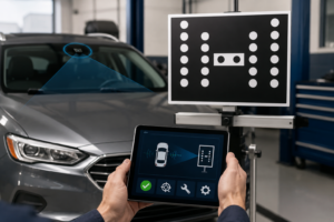 Technician performing ADAS camera calibration on a vehicle after windshield replacement in a modern auto glass service shop