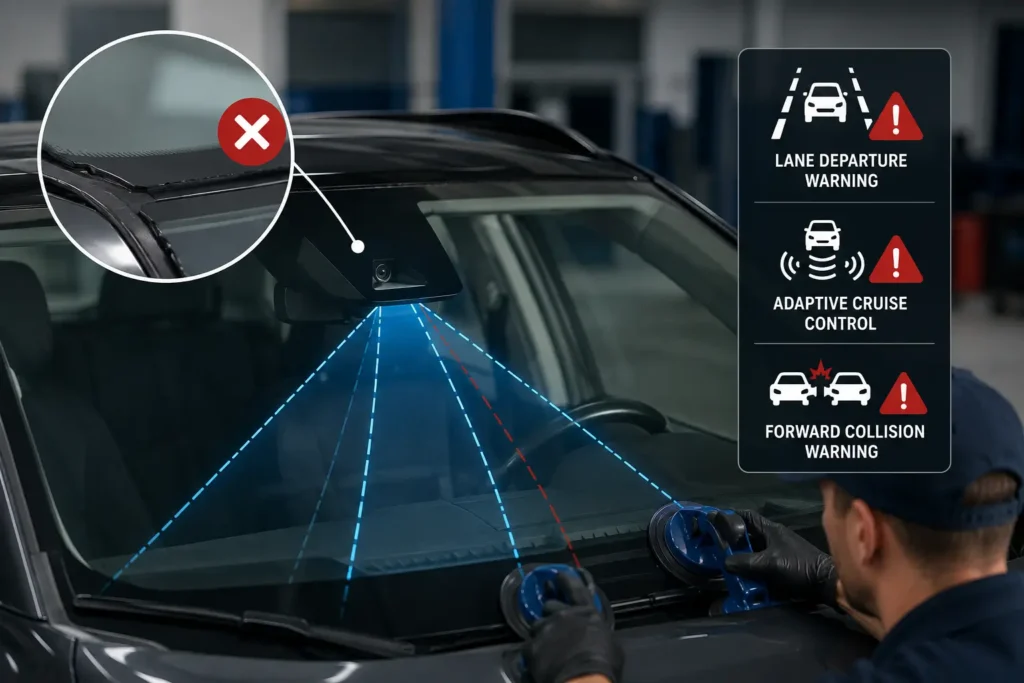 Improper windshield installation causing ADAS camera misalignment and vehicle safety system warnings.