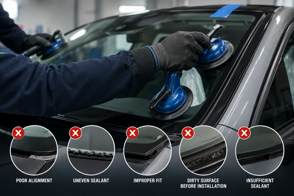 "Auto glass technician installing a windshield with visual examples of common installation mistakes, including poor alignment, uneven sealant, improper fit, and contaminated bonding surfaces.