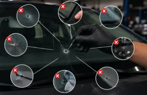 Close-up of a windshield chip repair with callouts highlighting common causes of repair failure, including contamination, moisture, poor resin application, and crack spread.