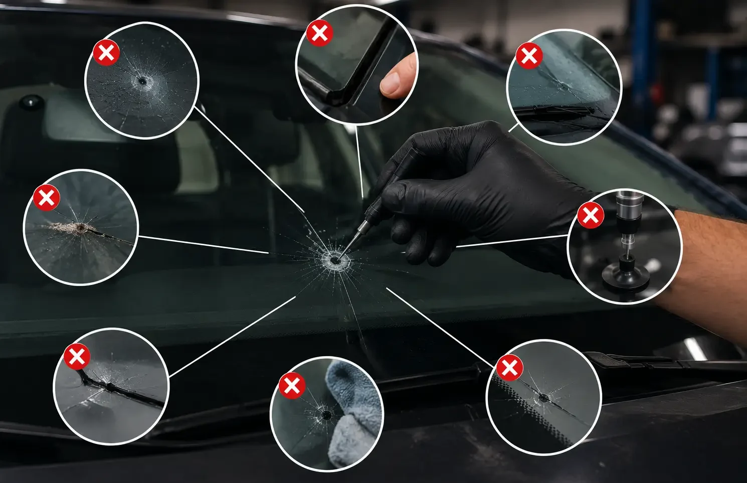 Close-up of a windshield chip repair with callouts highlighting common causes of repair failure, including contamination, moisture, poor resin application, and crack spread.