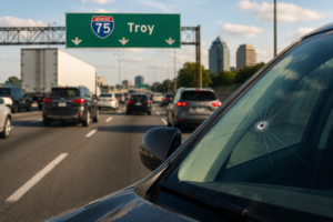 Vehicle with a chipped windshield in heavy I-75 traffic near Troy, Michigan, showing the impact of road debris on auto glass damage.
