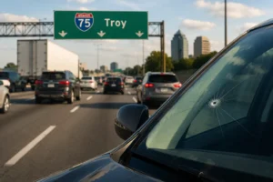 Vehicle with a chipped windshield in heavy I-75 traffic near Troy, Michigan, showing the impact of road debris on auto glass damage.