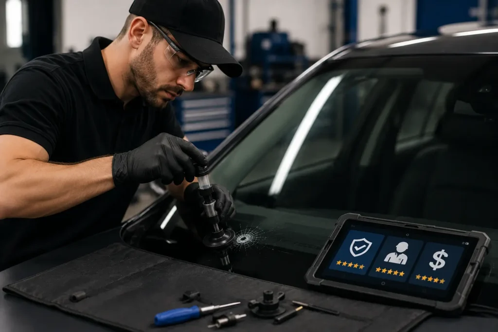 Experienced auto glass technician performing a professional windshield repair using specialized tools and equipment, illustrating how skilled workmanship improves repair quality and long-term value.