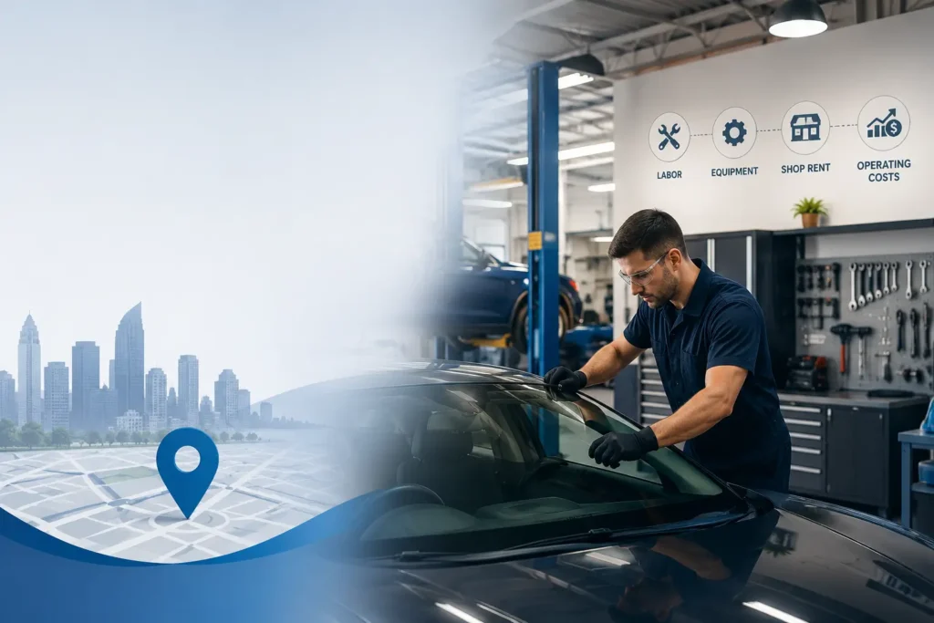 Auto glass technician replacing a windshield with city and suburban backgrounds, illustrating how location, labour, and business costs influence windshield repair prices.