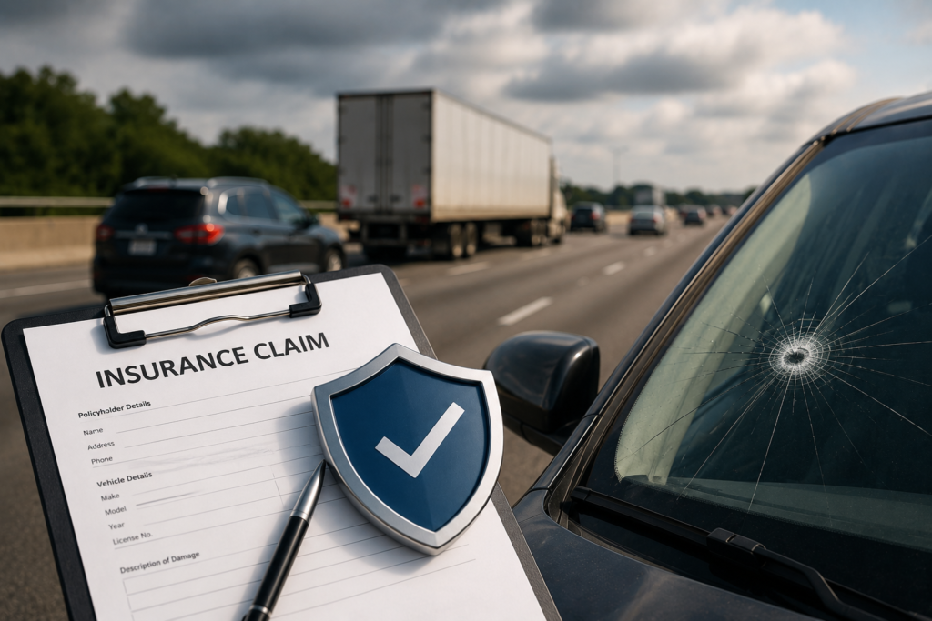 Cracked car windshield beside a busy highway with an insurance claim form and shield icon representing auto glass insurance coverage for road damage.
