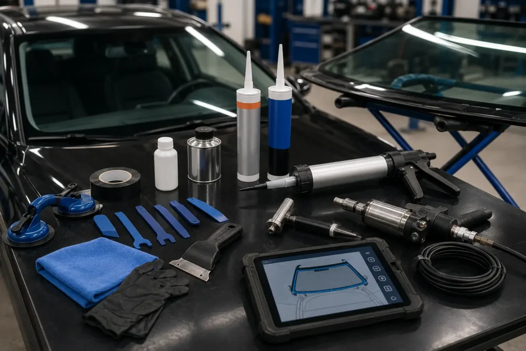 Professional windshield replacement tools, adhesive materials, suction cups, calibration equipment, and auto glass installation supplies prepared in an automotive workshop.