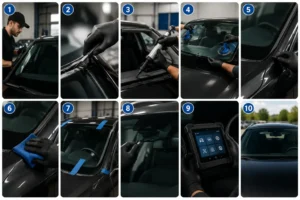 Auto glass technician performing the key steps of a professional windshield replacement, including glass removal, adhesive application, installation, and final inspection.