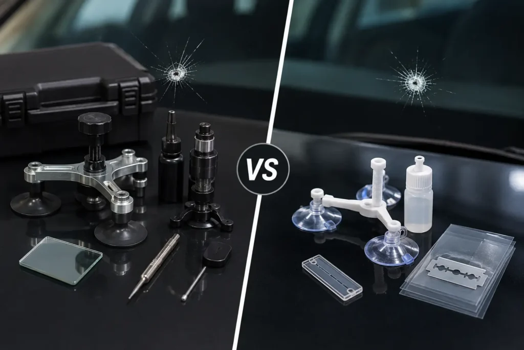 Side-by-side comparison of professional windshield repair tools and a DIY repair kit, highlighting the differences in equipment used for auto glass repairs.