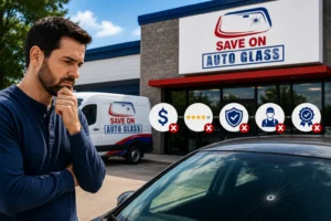Customer reviewing an auto glass warranty document while a technician repairs a vehicle in a professional auto glass shop, highlighting the importance of warranty coverage before service
