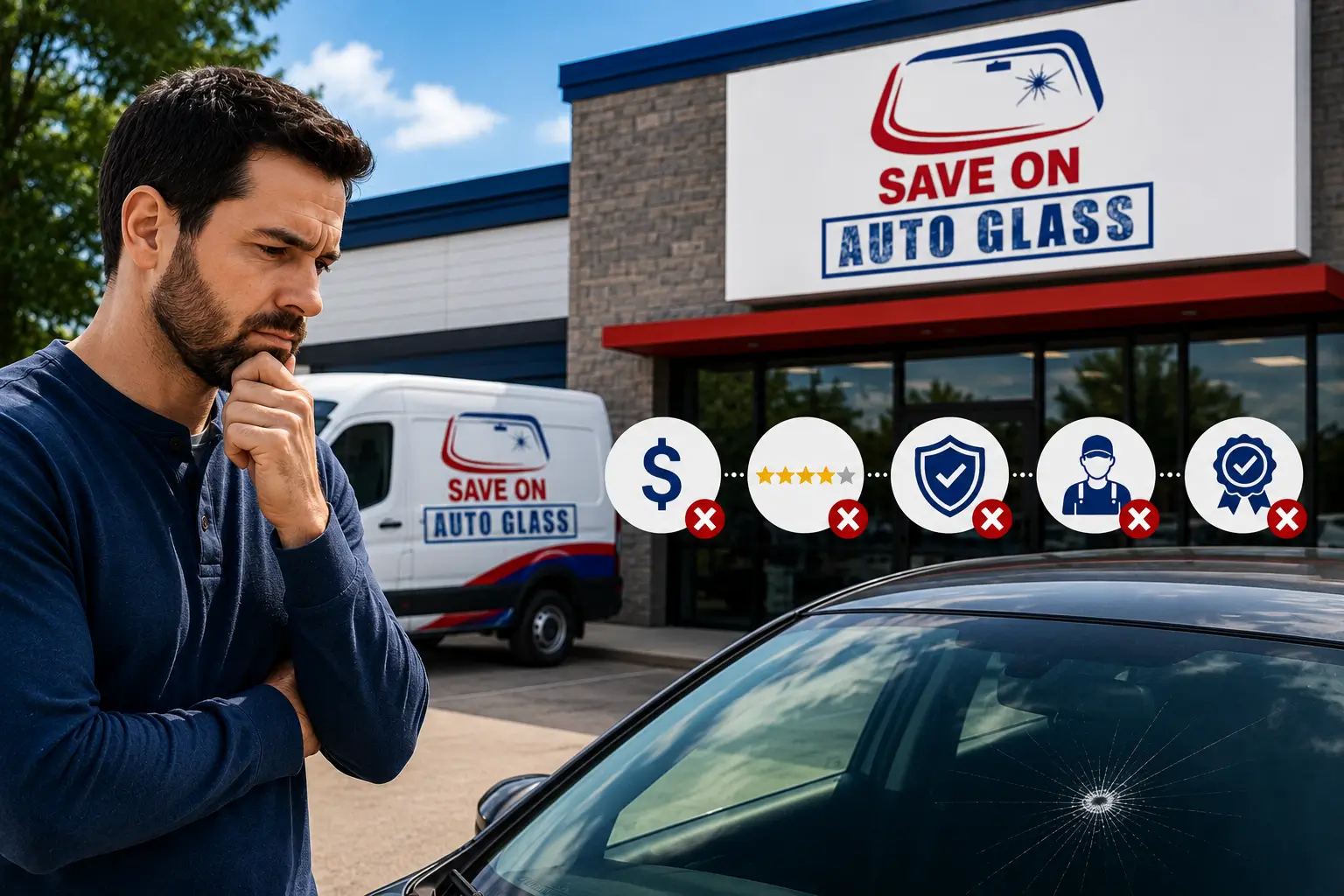 Customer reviewing an auto glass warranty document while a technician repairs a vehicle in a professional auto glass shop, highlighting the importance of warranty coverage before service