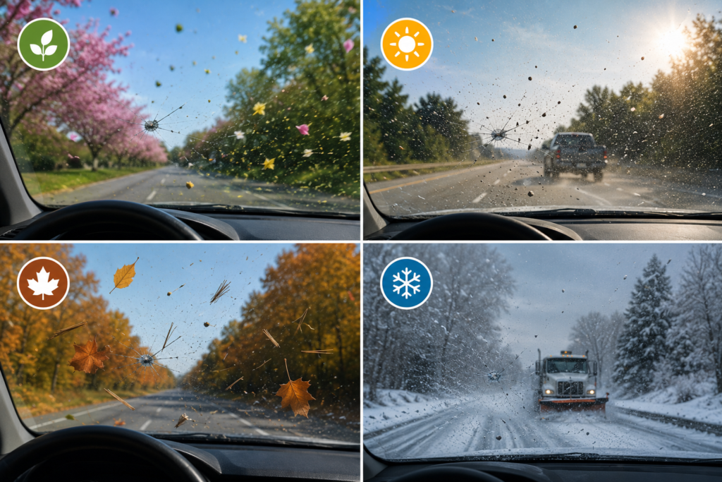Four-season illustration showing how spring pollen, summer dust and gravel, autumn leaves and twigs, and winter snow and road salt can contribute to windshield damage.