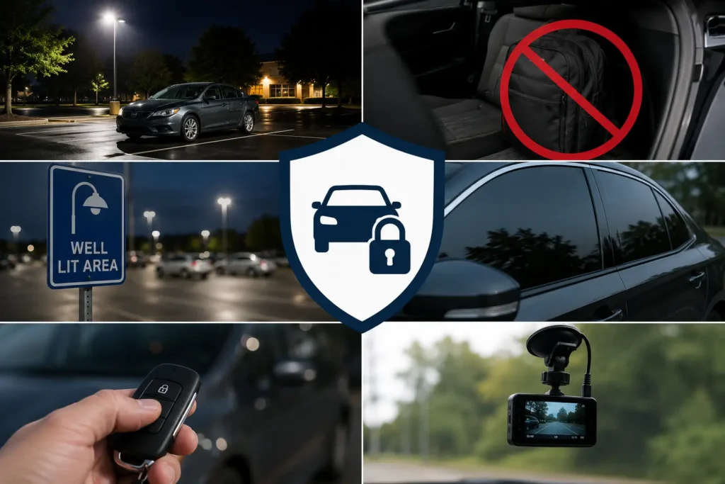 Vehicle security tips including parking in well-lit areas, hiding valuables, tinted windows, and using a dash camera to help prevent car break-ins.