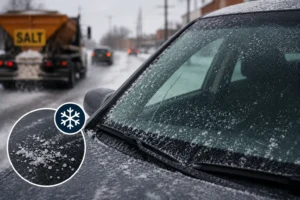 Car windshield covered with winter road salt and snow while driving behind a salt truck, illustrating seasonal auto glass damage.