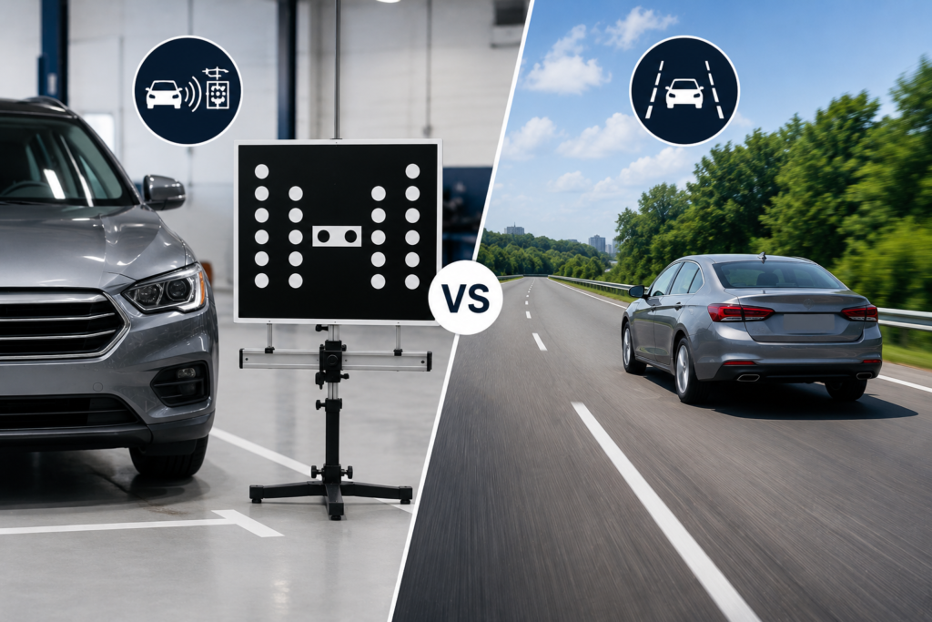 Split view showing static ADAS calibration in a service shop and dynamic ADAS calibration on a highway drive.