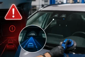 Technician installing a windshield on a vehicle with ADAS camera sensors and dashboard warning icons, illustrating the risks of low-quality windshield replacement