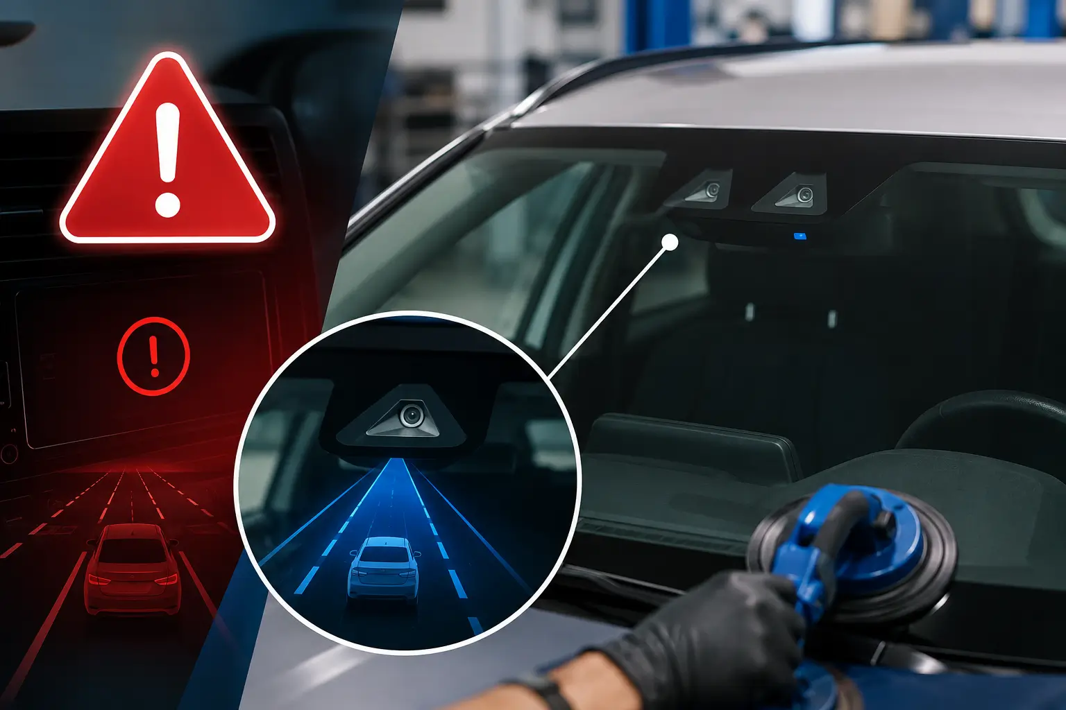 Technician installing a windshield on a vehicle with ADAS camera sensors and dashboard warning icons, illustrating the risks of low-quality windshield replacement