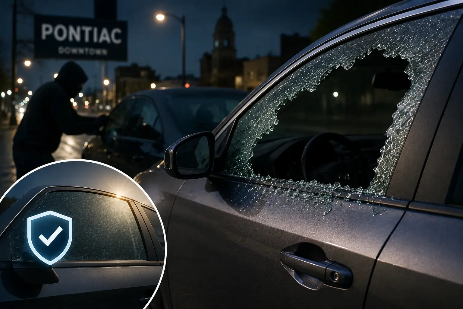 Broken car side window after a vehicle break-in in an urban parking area, highlighting theft prevention and auto glass replacement.