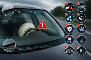 Vehicle with a poorly installed windshield showing gaps, seal failure, and safety warning icons that illustrate common windshield installation risks.