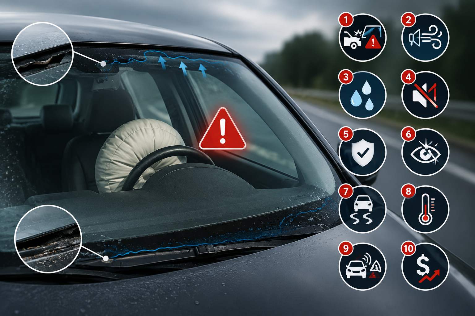 Vehicle with a poorly installed windshield showing gaps, seal failure, and safety warning icons that illustrate common windshield installation risks.