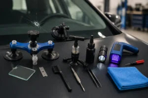 Professional windshield repair tools including a resin injector, bridge system, UV curing light, suction cups, razor blade, and cleaning accessories on a workbench.