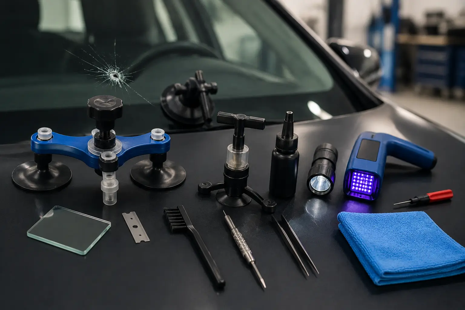 Professional windshield repair tools including a resin injector, bridge system, UV curing light, suction cups, razor blade, and cleaning accessories on a workbench.
