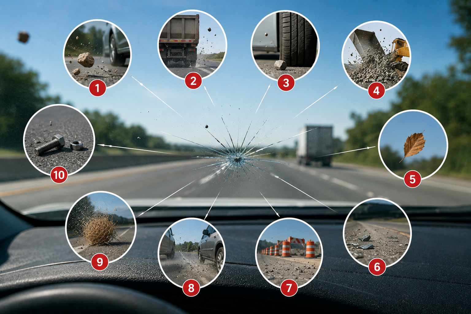 Driver's view of a cracked windshield on a highway with common sources of road debris, including rocks, gravel, construction materials, and loose objects.