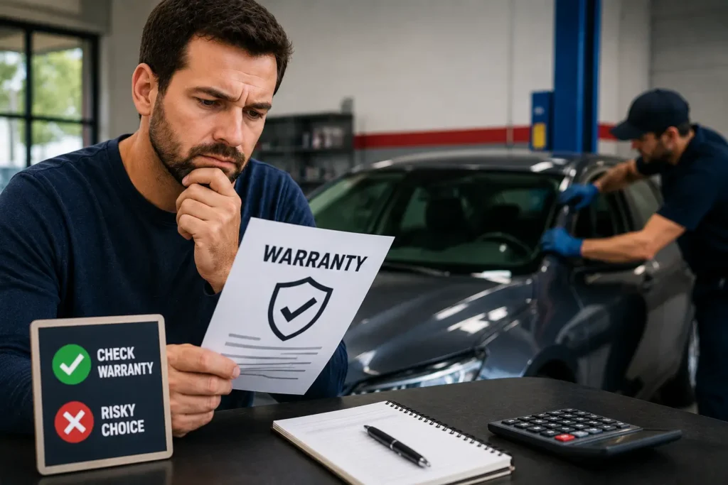 Customer carefully reading a windshield replacement warranty with a checklist, while an auto glass technician works on a vehicle in the background.