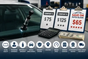 Comparison of windshield repair pricing showing Company A starting at $75+, Company B starting at $125+, and Save On Auto Glass offering windshield repair for $65 alongside professional auto glass repair equipment.