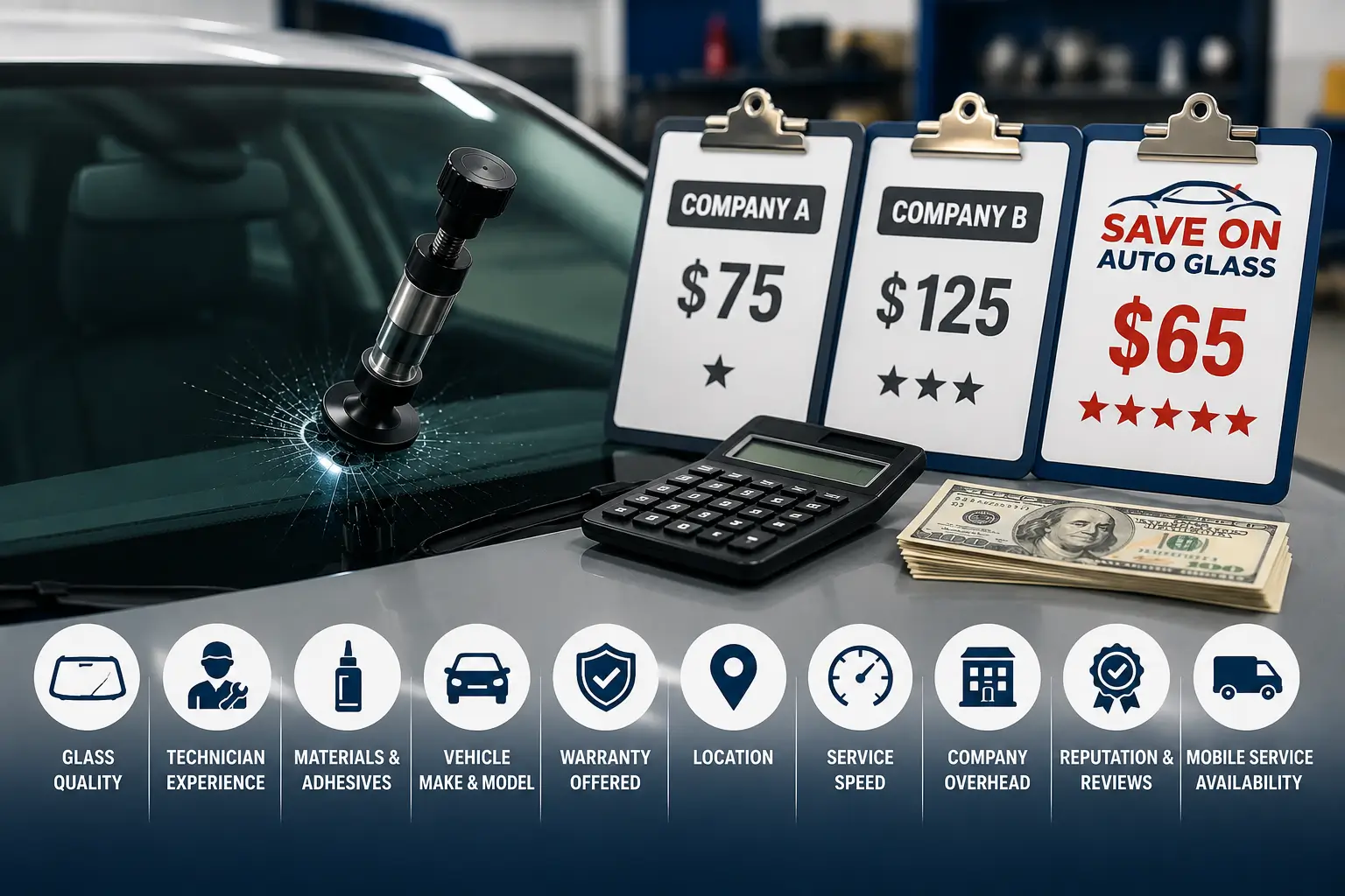 Comparison of windshield repair pricing showing Company A starting at $75+, Company B starting at $125+, and Save On Auto Glass offering windshield repair for $65 alongside professional auto glass repair equipment.