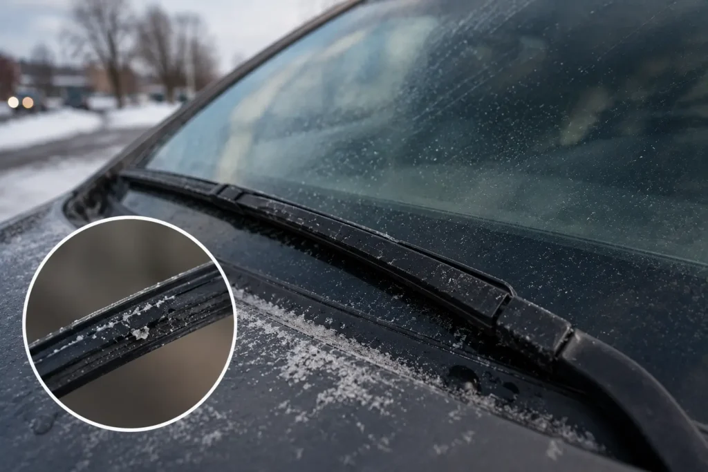Worn windshield wiper with road salt buildup on a car windshield, illustrating winter wiper damage and salt abrasion.