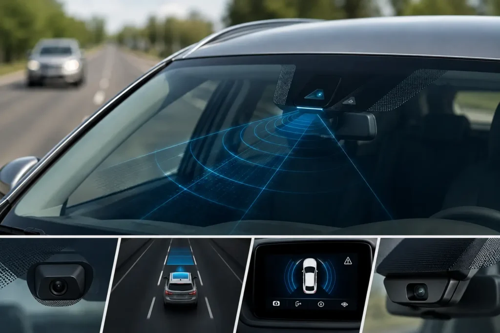 "Close-up of a modern vehicle windshield featuring integrated ADAS cameras and sensors with digital detection graphics, illustrating advanced driver assistance technology and the importance of proper windshield installation and calibration.