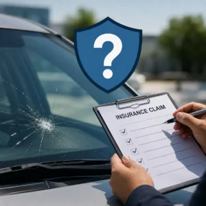 Cracked windshield with an insurance claim checklist and shield icon, illustrating the possibility of a denied windshield insurance claim.