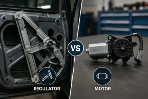 Car window regulator mechanism and power window motor shown side by side to illustrate the difference between the two components.