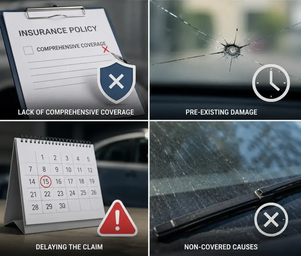 Cracked windshield and insurance documents illustrating common reasons a windshield claim may be denied, including coverage limitations, pre-existing damage, delayed filing, and non-covered causes.