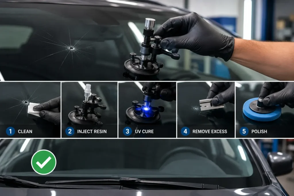 Modern vehicle windshield after a professional chip repair, showing restored clarity and structural strength following resin injection, UV curing, and polishing.