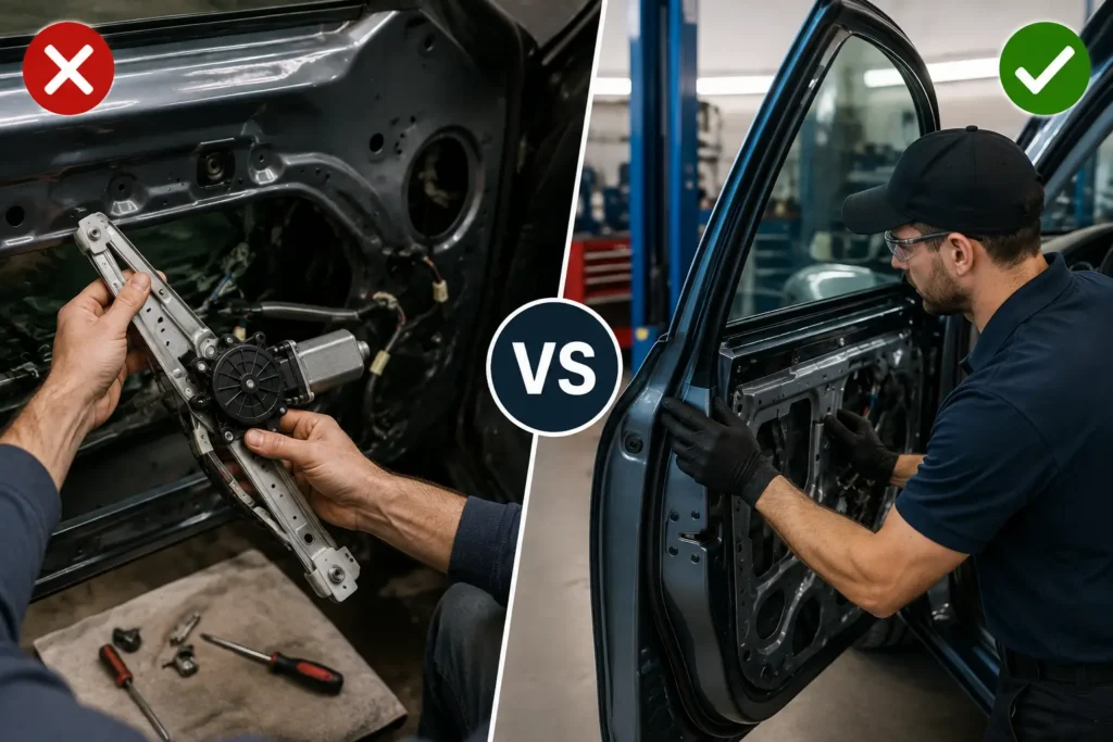 Comparison of DIY and professional car window regulator replacement, showing a door mechanism being repaired and a technician installing the component.