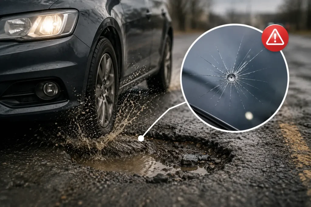 Car driving through a deep pothole on a wet road with water splashing from the tire, alongside a close-up inset of a cracked windshield, illustrating how rough roads and pothole impacts can cause auto glass damage.