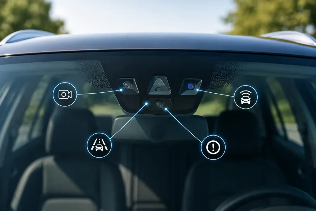 Close-up of a modern vehicle windshield with embedded ADAS sensors and cameras near the rearview mirror, illustrating advanced safety technology used for lane keeping, collision detection, and adaptive cruise control.
