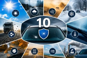 Car windshield surrounded by environmental factors such as sunlight, rain, dust, snow, road debris, heat, leaves, coastal air, and pollution that can weaken windshield glass over time.