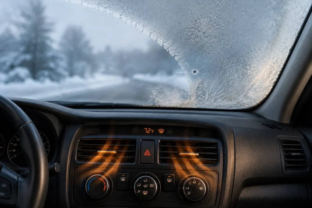 Interior view of a vehicle with the defroster running, showing a windshield with frost, condensation, and a small crack to illustrate how rapid temperature changes can increase stress on damaged auto glass.