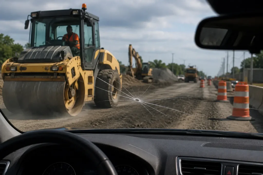 Driver's view of a cracked windshield near a road construction site where a heavy road roller and construction equipment create vibrations that can worsen existing windshield damage.