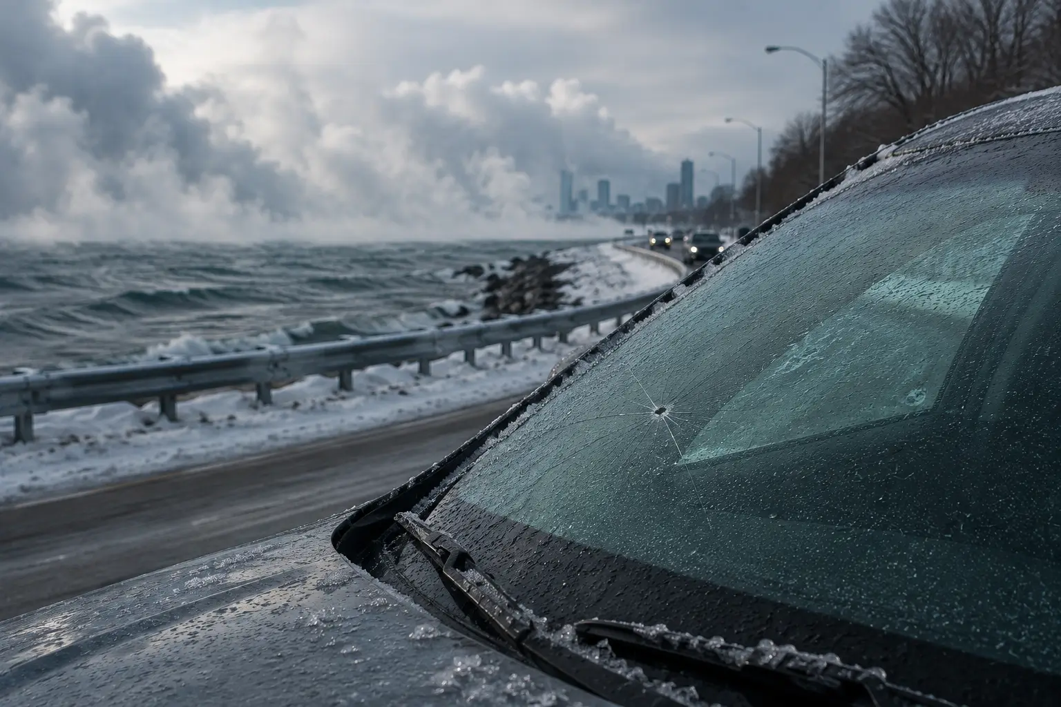 Vehicle with a chipped windshield parked beside a snow-covered lakeshore during lake effect weather, showing freezing temperatures, ice buildup, and harsh winter conditions that can weaken windshield durability.