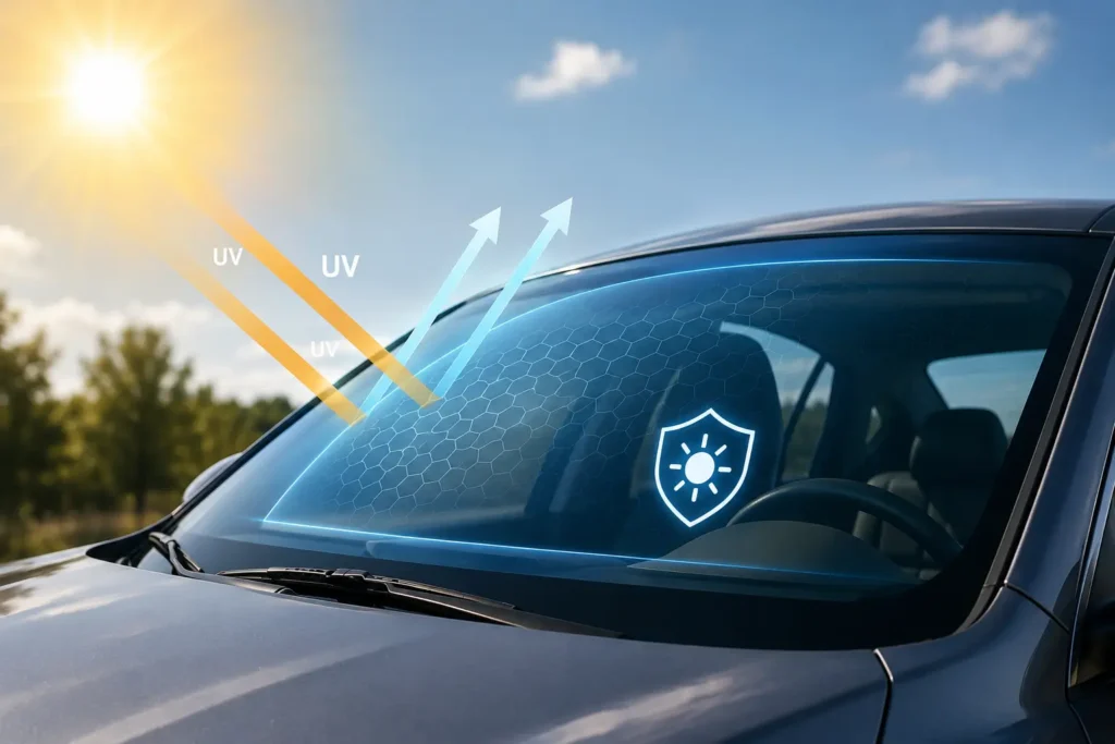 Modern vehicle windshield with UV-blocking coating deflecting harmful sunlight, illustrating how advanced auto glass helps reduce UV exposure and protects the vehicle interior.