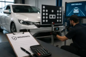 Vehicle undergoing ADAS calibration with professional diagnostic equipment after windshield service, illustrating insurance coverage considerations in Michigan.