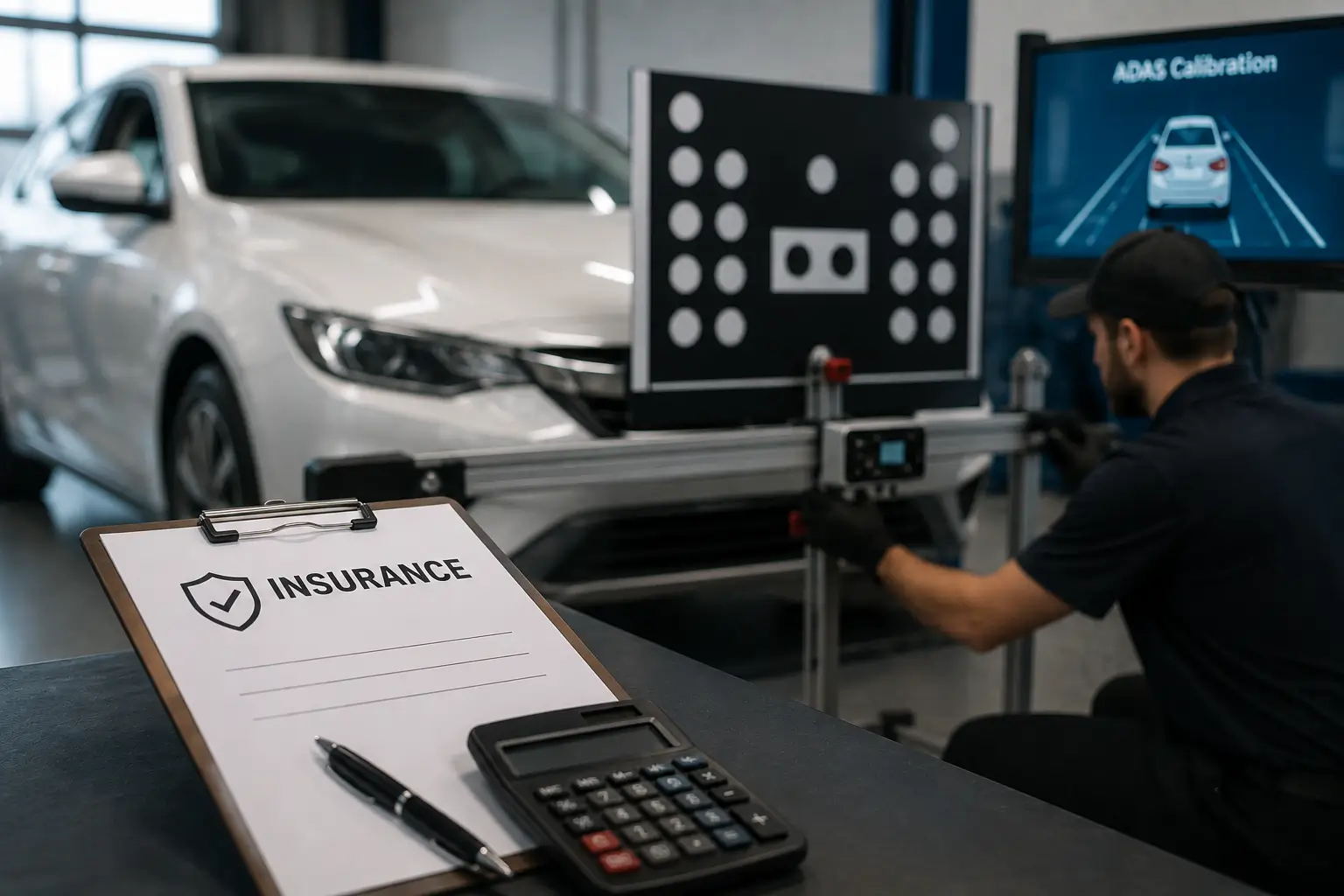 Vehicle undergoing ADAS calibration with professional diagnostic equipment after windshield service, illustrating insurance coverage considerations in Michigan.
